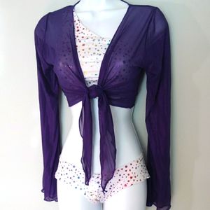 Mesh wrap top, metallic purple sheer with flare sleeves